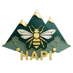 Logo de la marque HAPI Mielicious, représentant une abeille stylisée dans un cercle doré, symbole de miel naturel et d’apiculture responsable dans les Alpes.