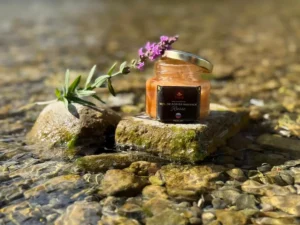 Miel de rosier sauvage russe dans pot en verre avec fleur mauve posée à côté.
