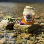 Pot de miel Français - Hapi Pot de miel français artisanal Hapi avec étiquette blanche et dorée, posé en rivière.