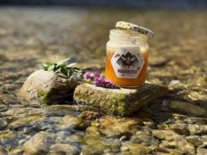 Pot de miel français artisanal Hapi avec étiquette blanche et dorée, posé en rivière.